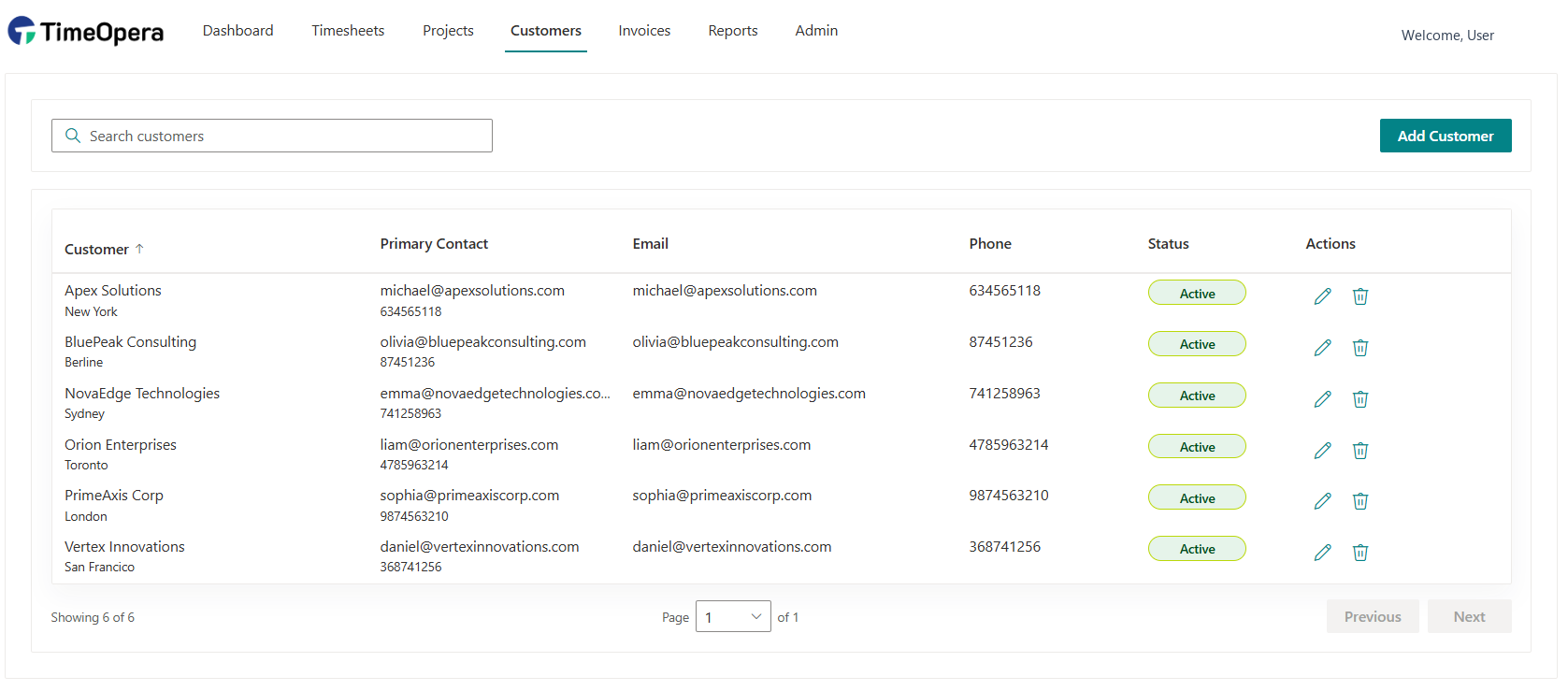 TimeOpera Customer and Project Configuration Screen