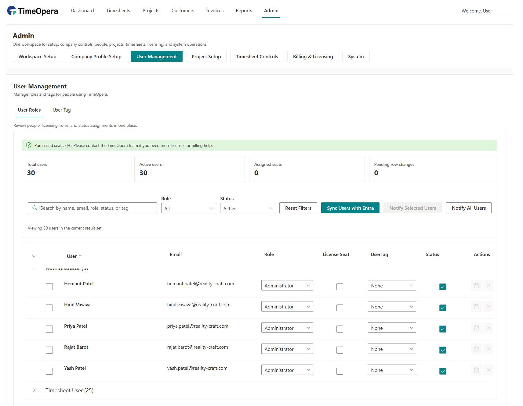 TimeOpera User Role Administration Screen