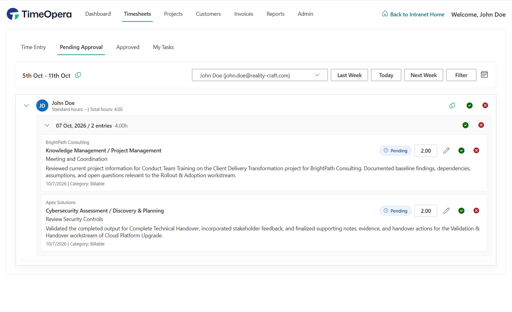 TimeOpera Pending Approval Timesheets Screen