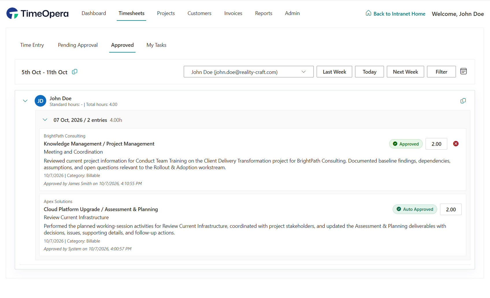 TimeOpera Approved Timesheets Screen