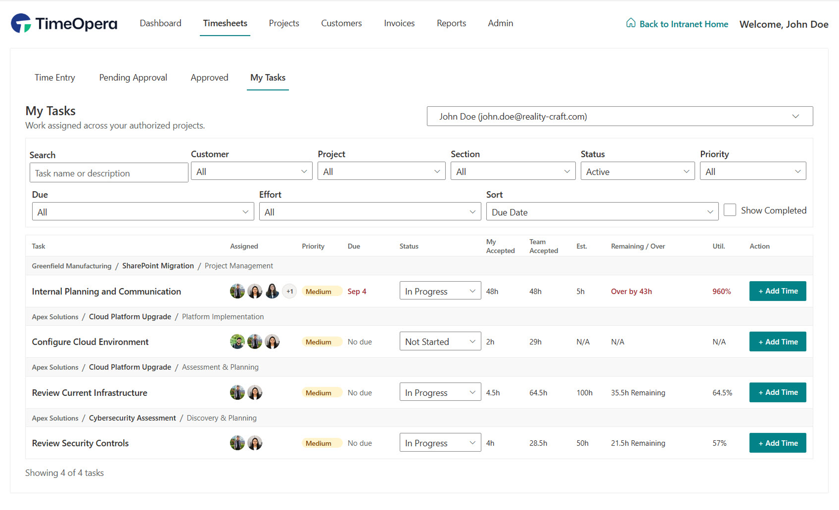 TimeOpera My Assigned Tasks Screen