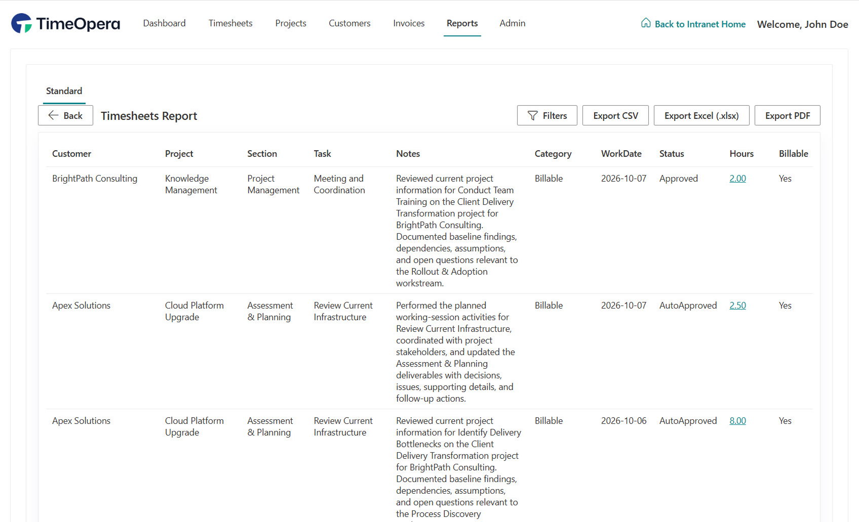 TimeOpera Timesheets Report Screen