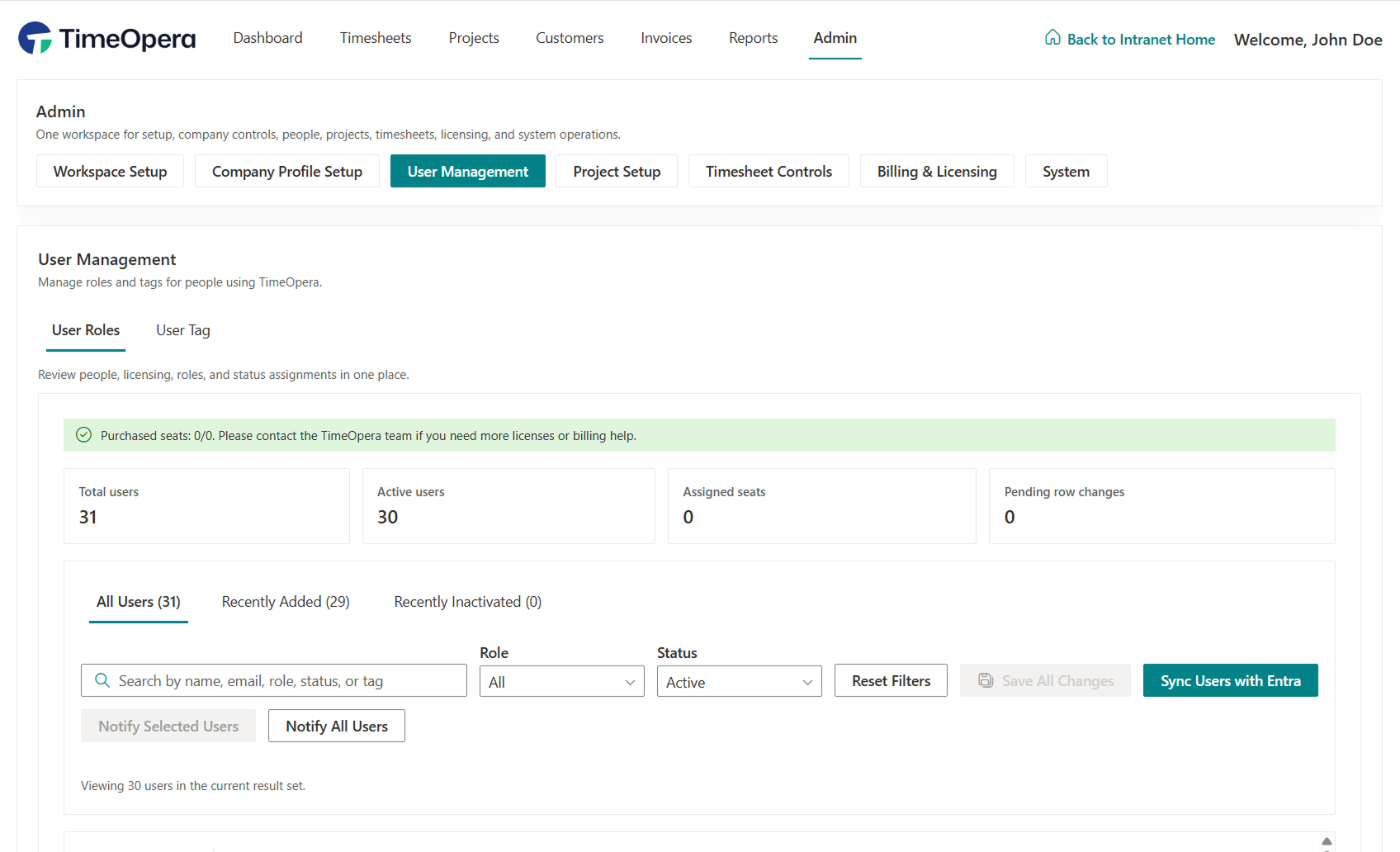 TimeOpera User Role Administration Screen