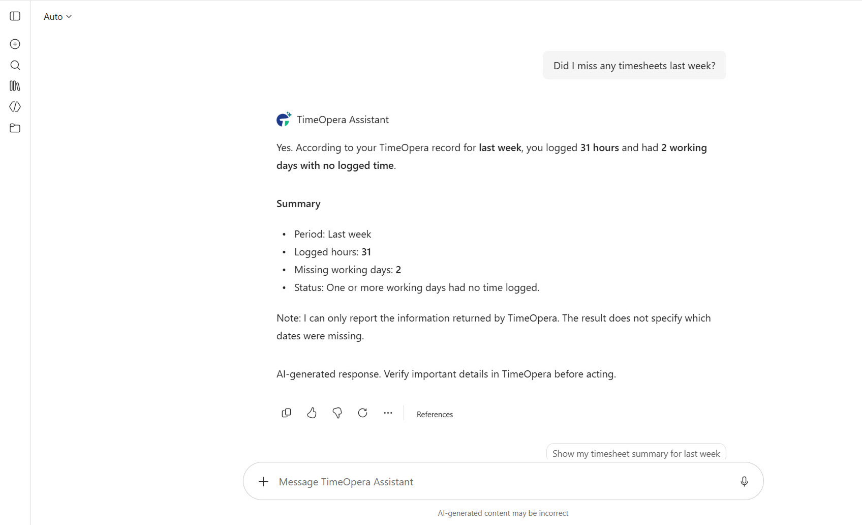 TimeOpera AI Assistant Query Results Screen