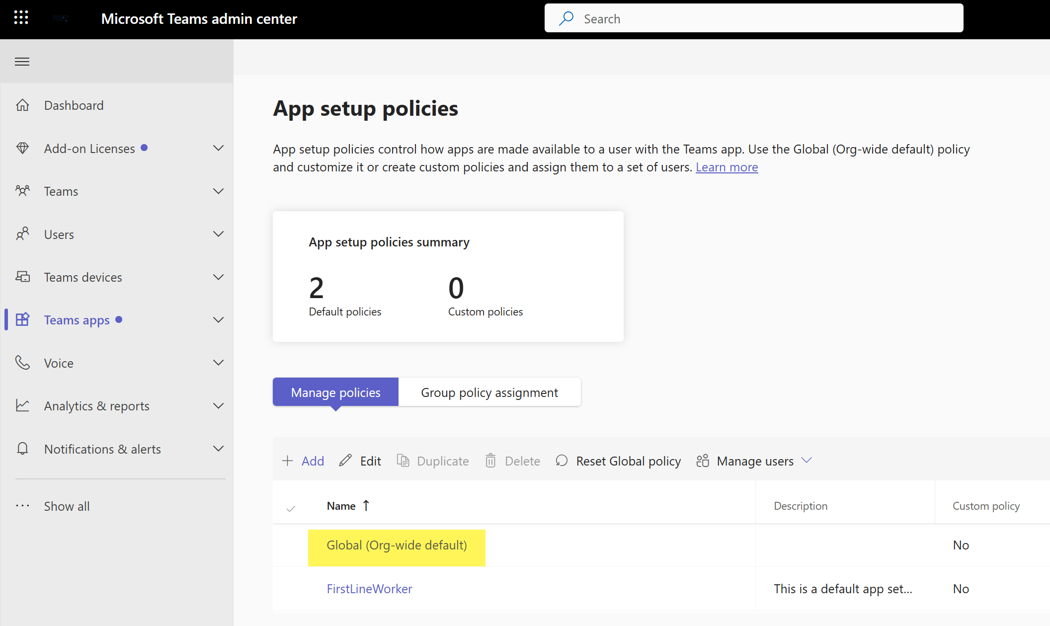 Teams app setup policy screen