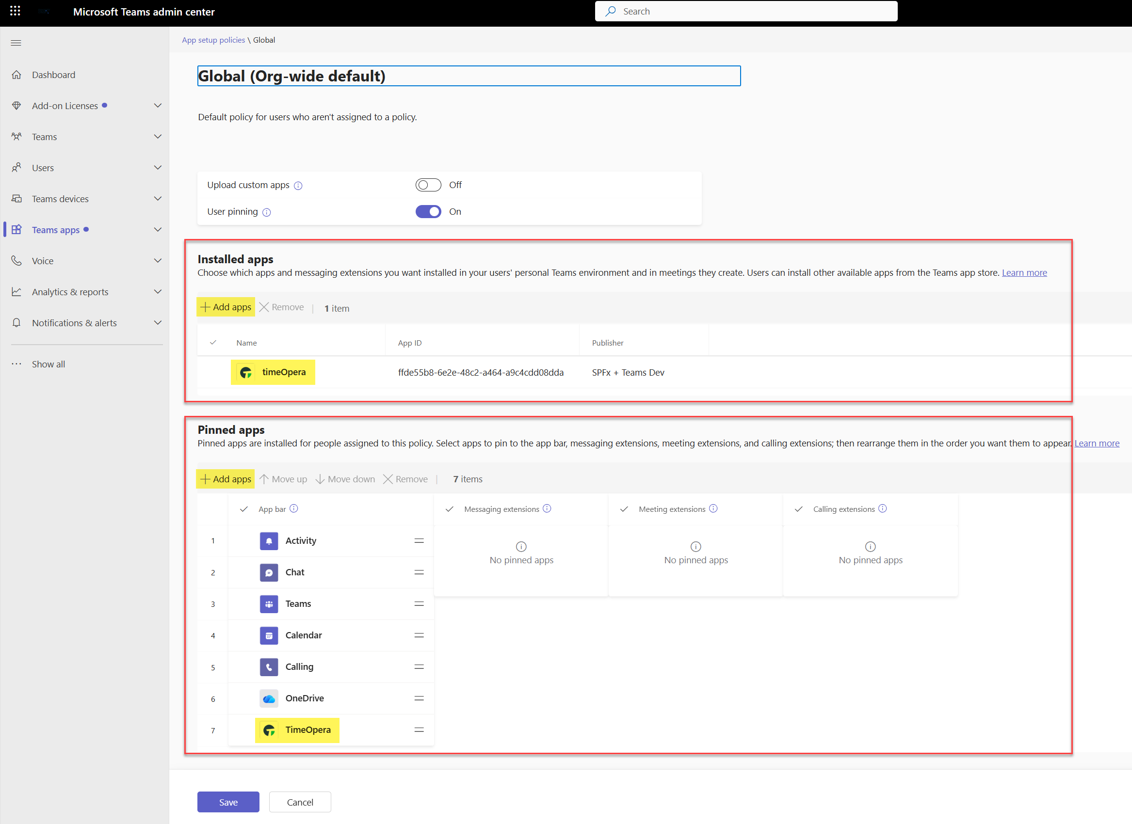 Installed apps and pinned apps configuration