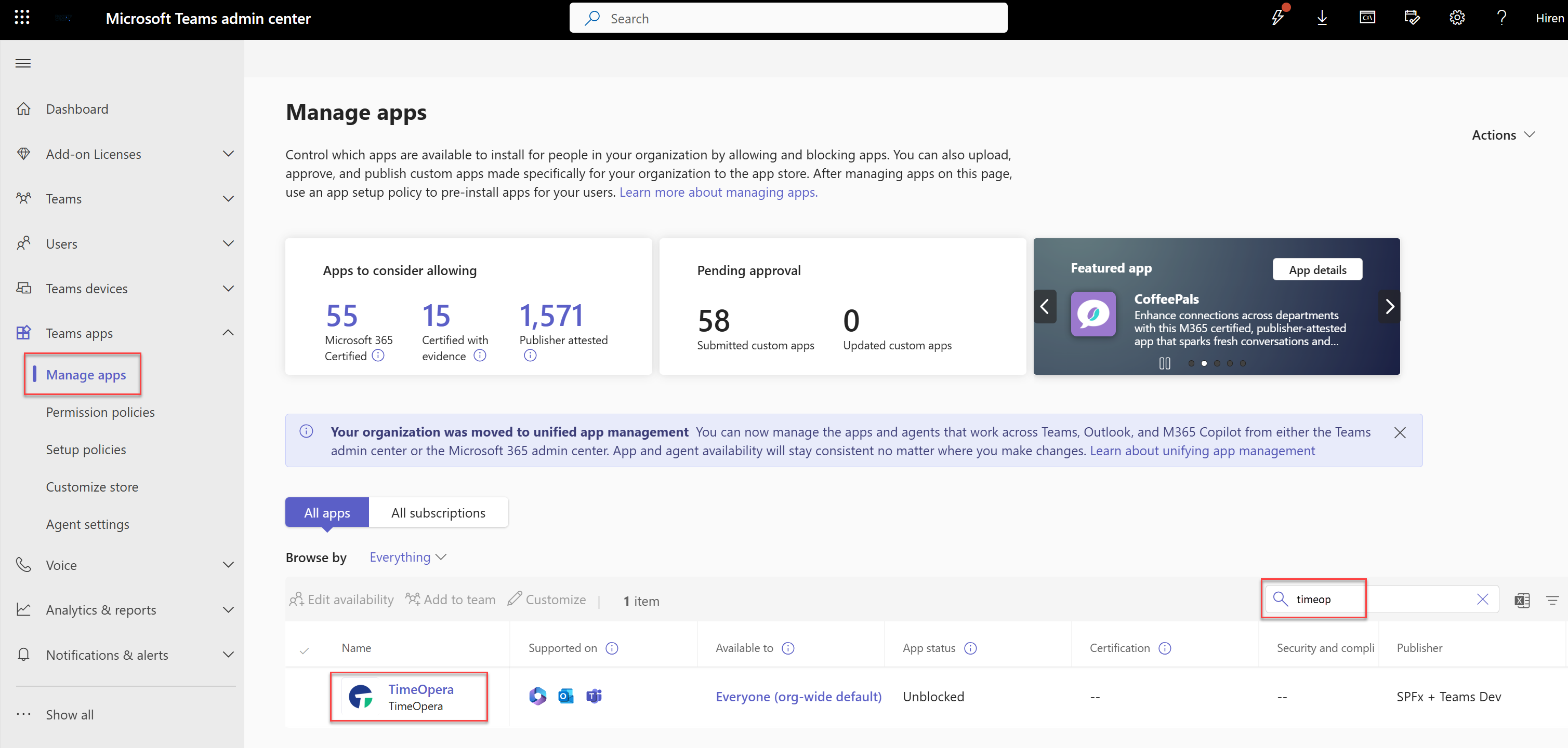 Manage apps search for TimeOpera