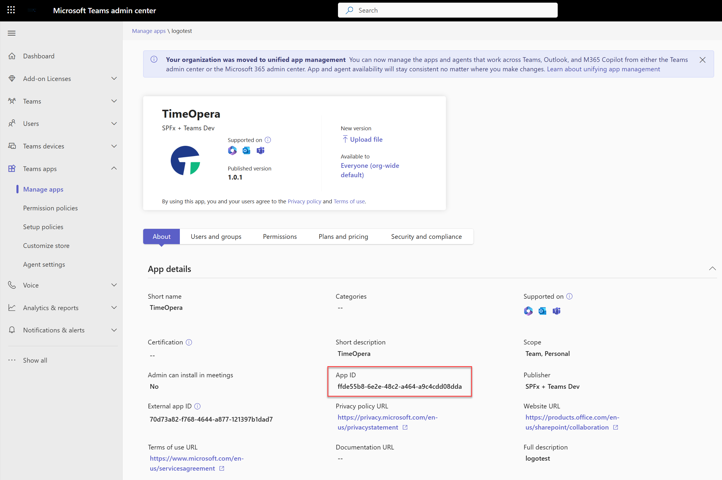 Teams app details showing app ID