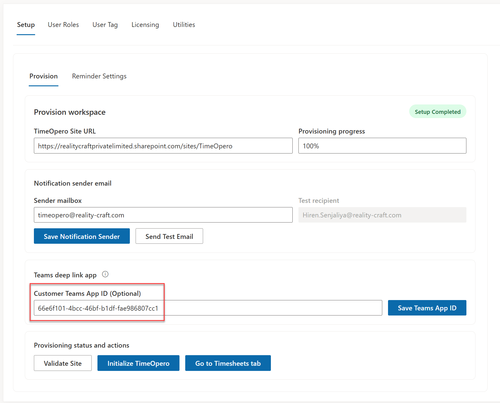 TimeOpera Admin tab app setup field for Customer Teams App ID